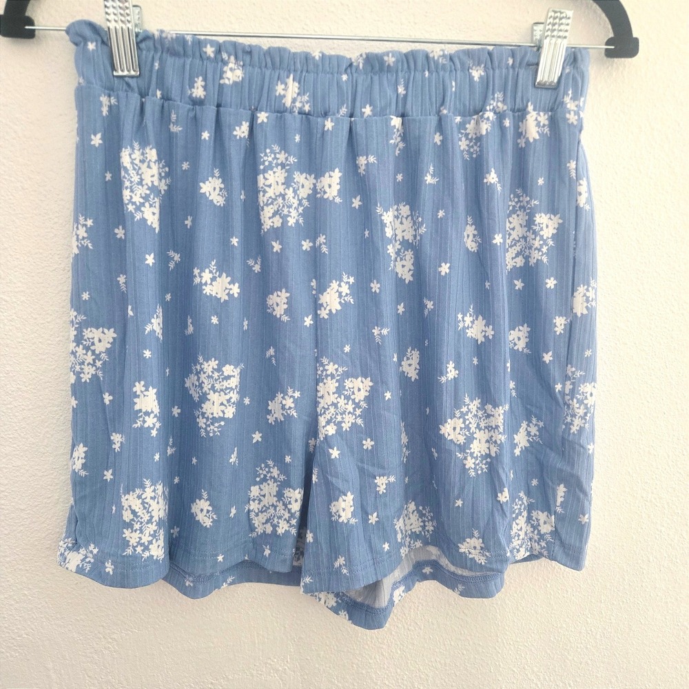 Everly Blue Floral Ribbed Knit Elastic Waist Shorts Small NWOT